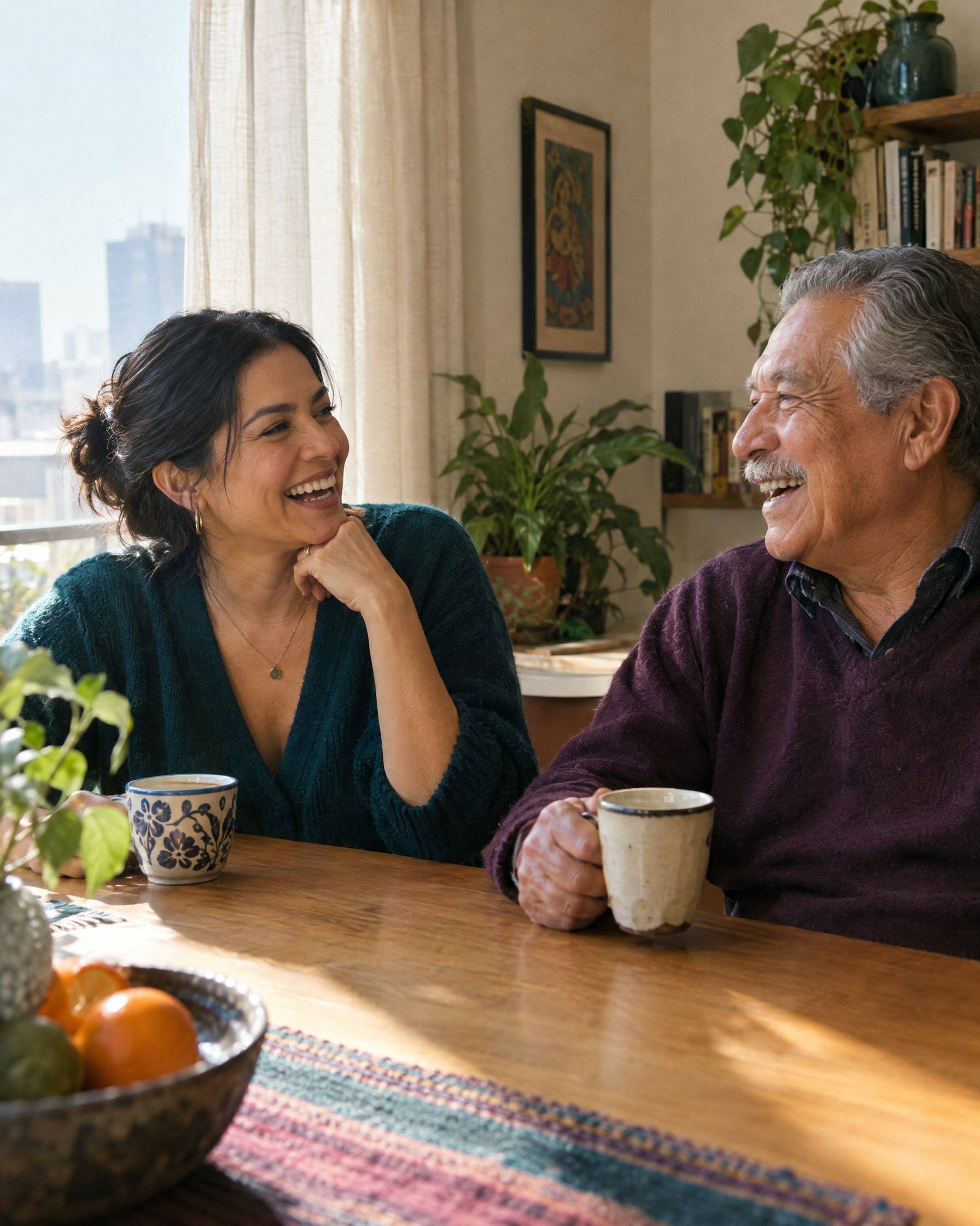 Una mujer y su padre ríen juntos durante el desayuno en una cocina iluminada por el sol