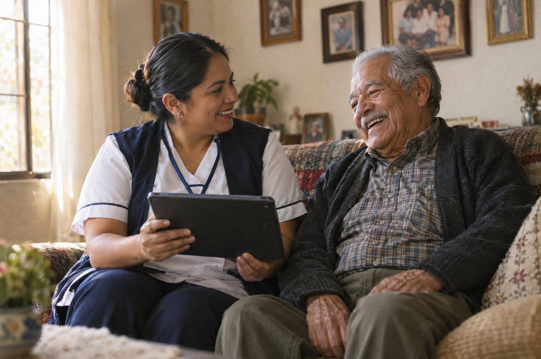 Promotora de la salud conversando con un hombre mayor en su sala